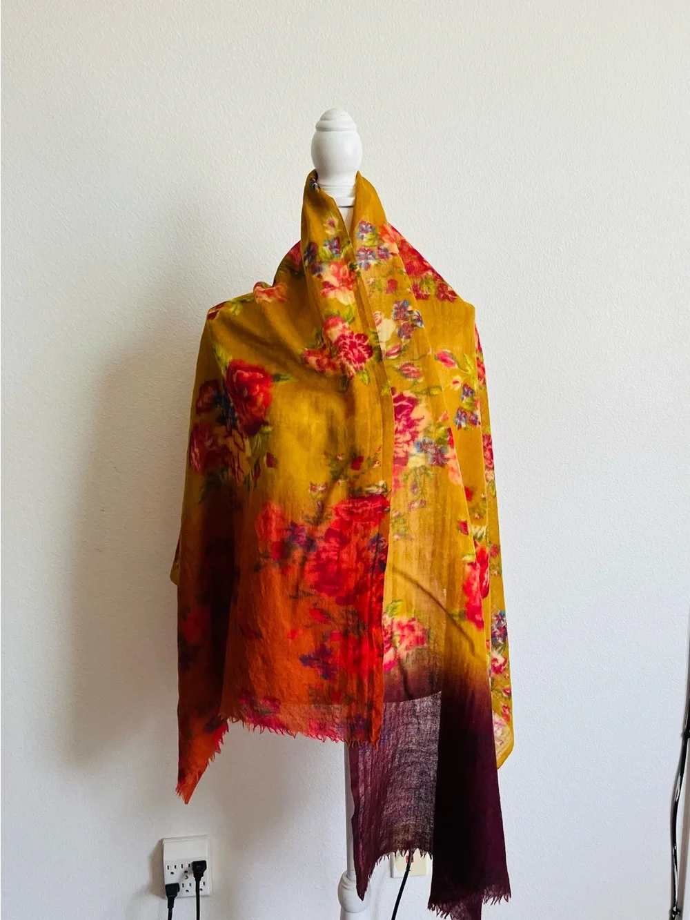 Floral Gradient Shawl Wrap in Mustard and Burgundy - Unbranded 26/72 Inch